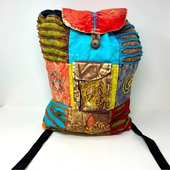 Boho Multicolor Backpack Drawstring & Button Closure Adjustable Straps - Picture 1 of 10